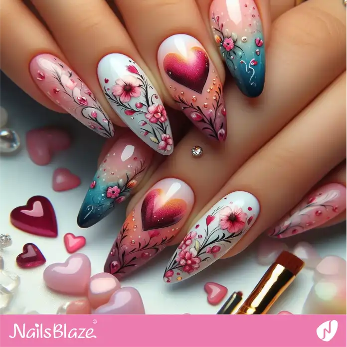 Ombre Nails Filigree Design with Hearts and Flowers | Valentine Nails - NB2370